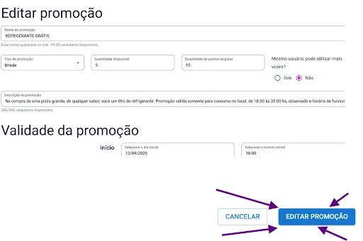 Edite as informações da promoção