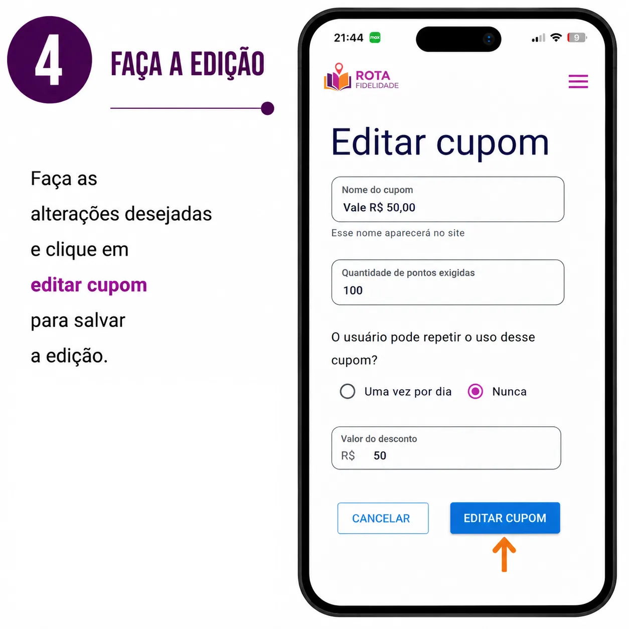Edite as informações do cupom